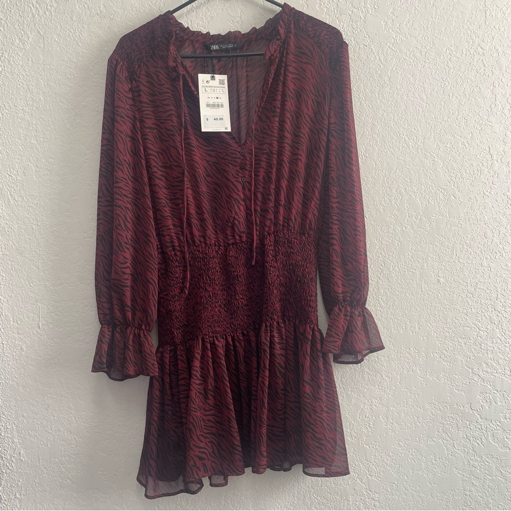 Zara Black Tape Dress Maroon Red Zebra Print Long Sleeve Ruffle Elastic Waist L